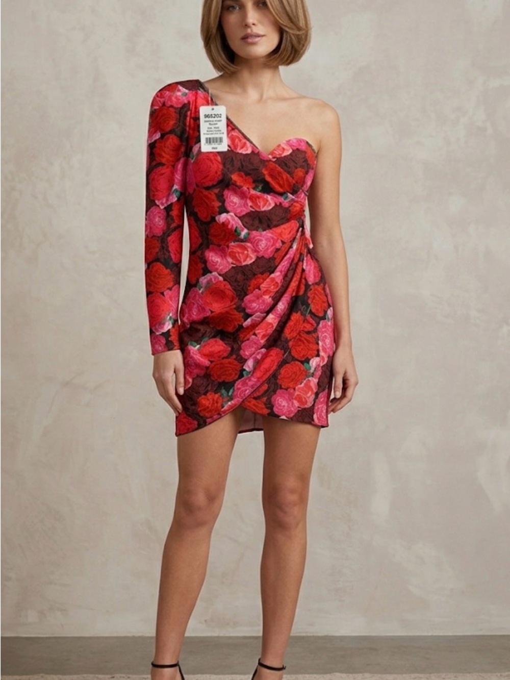 KeiKeï size S/M Red Rose Print One Shoulder Ruched Asymmetric Dress NWT(E68)